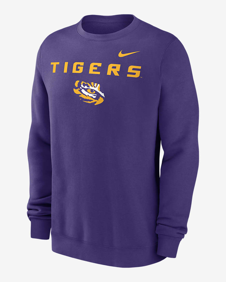 Sudadera de cuello redondo sin cierre universitaria Nike para hombre LSU Tigers Primetime Primary Stack - Morado