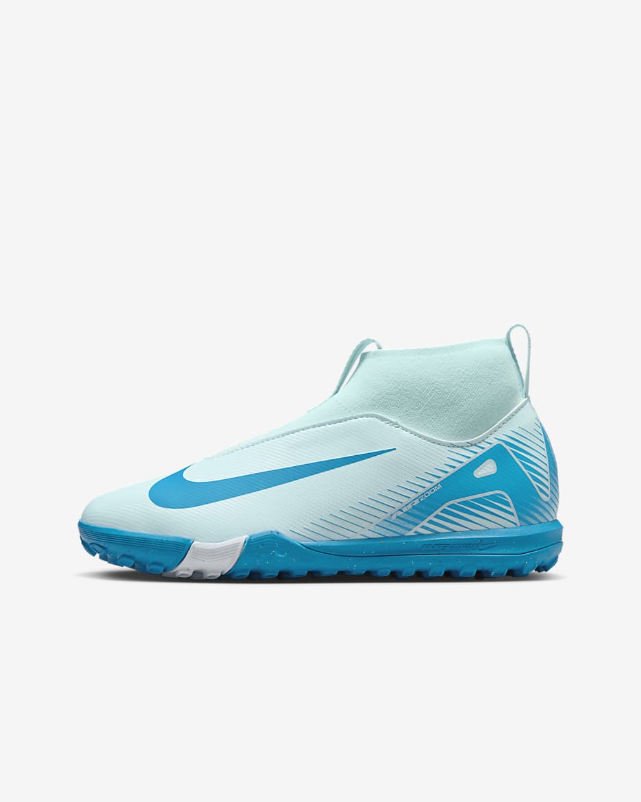 Tacos de fútbol TF de corte high para niños de preescolar y grandes Nike Jr. Mercurial Superfly 10 Academy - Azul glacial/Azul órbita