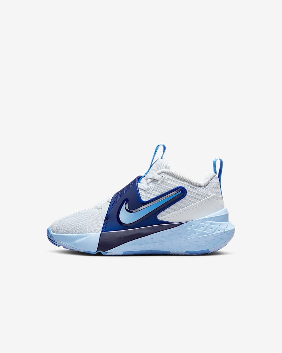 Tenis para niños de preescolar Nike Team Hustle D 12 - Blanco/Azul psíquico/Azul marino medianoche/Azul universitario