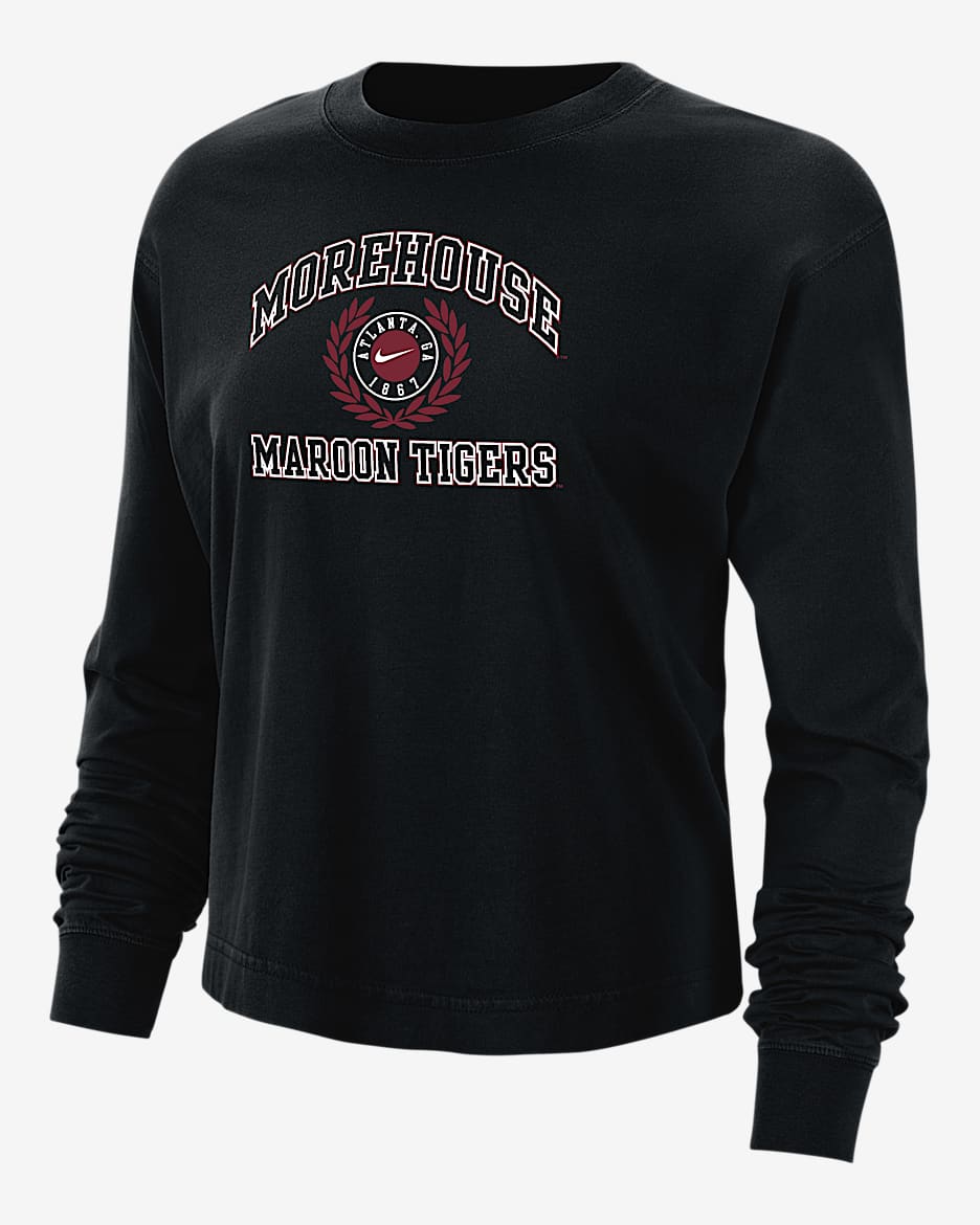Playera de manga larga universitaria Nike de corte cuadrado para mujer Morehouse - Negro