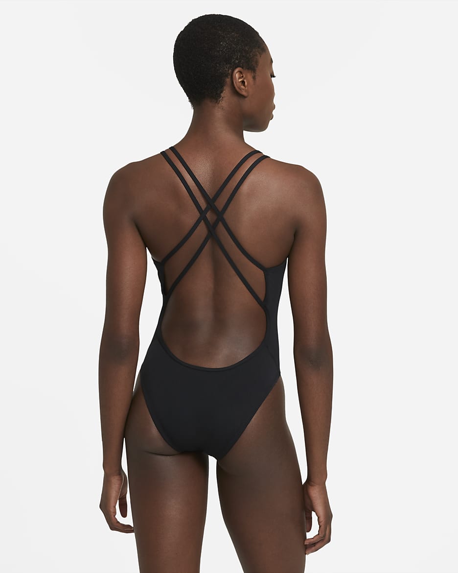 Maillot de bain une pièce à bretelles croisées Nike HydraStrong Solid pour femme - Noir/Noir/Blanc