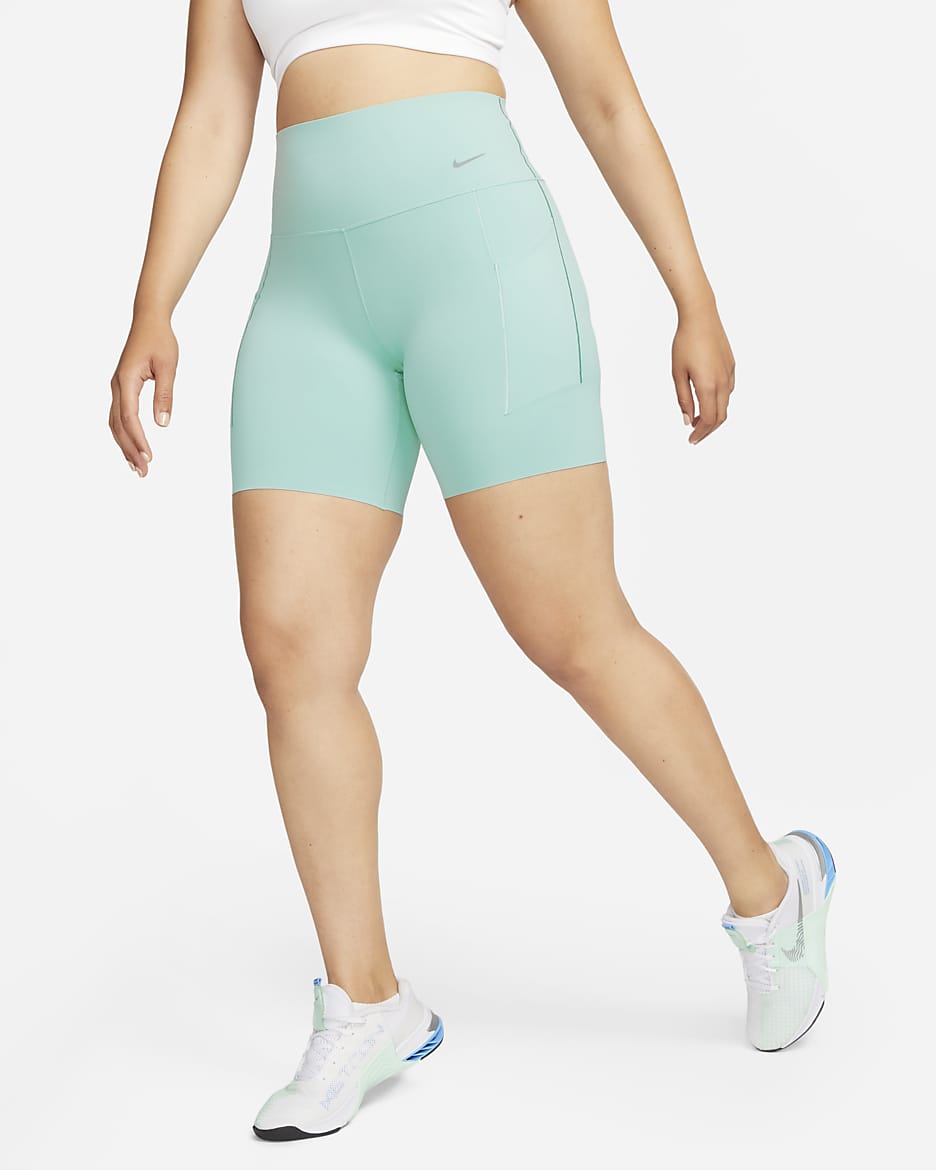 Shorts de ciclismo con bolsillos de 20 cm de tiro alto y media sujeción para mujer Nike Universa - Mineral/Negro