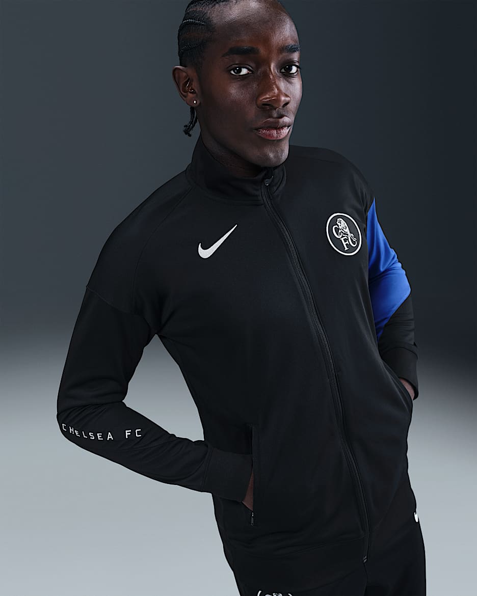 Chelsea FC Strike Third Men's Nike Dri-FIT Total 90 Soccer Knit Track Jacket - Black/Game Royal/Field Silver