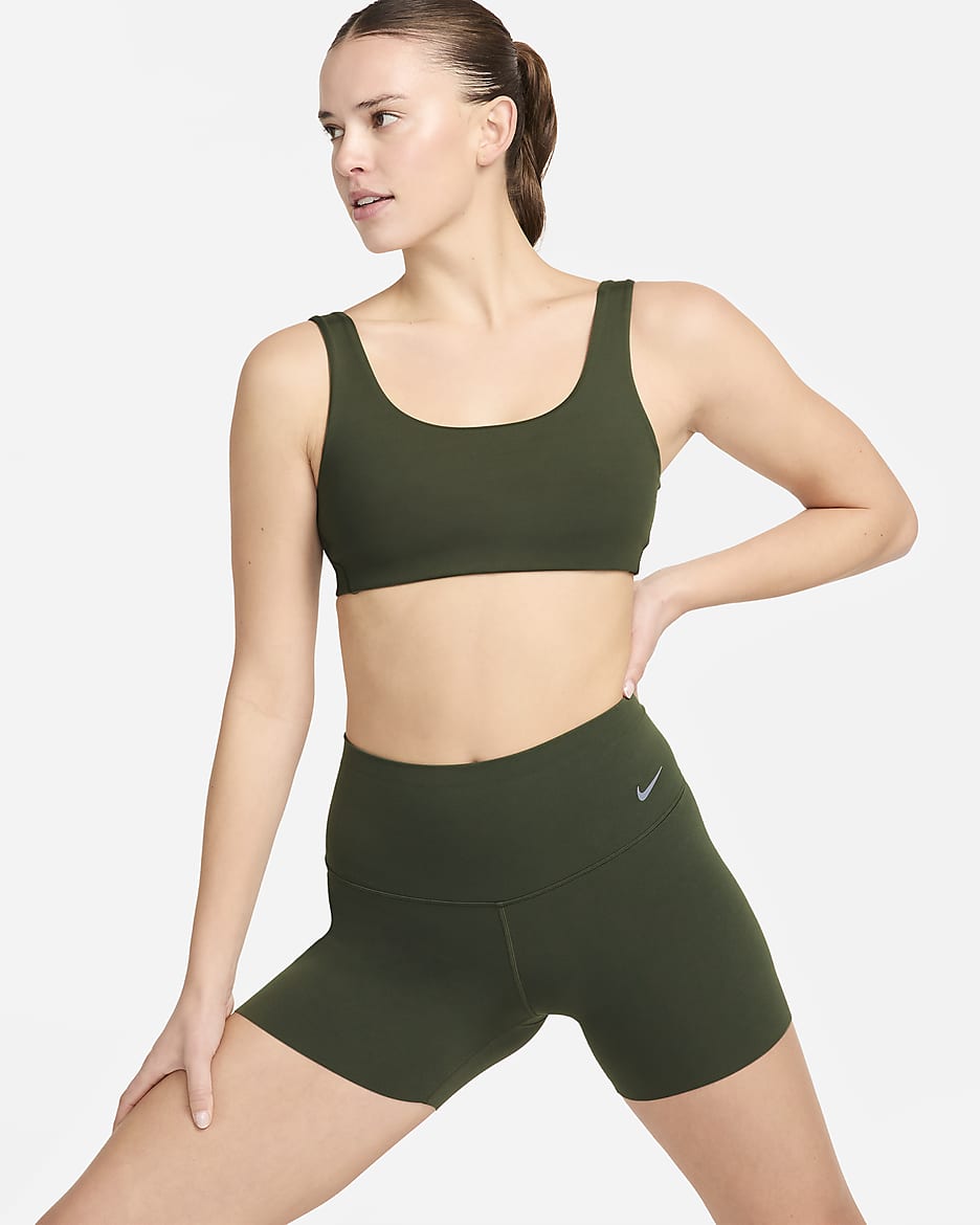 Nike Zenvy Bike-Shorts mit sanftem Halt und hohem Taillenbund für Damen (ca. 12 cm) - Cargo Khaki/Schwarz