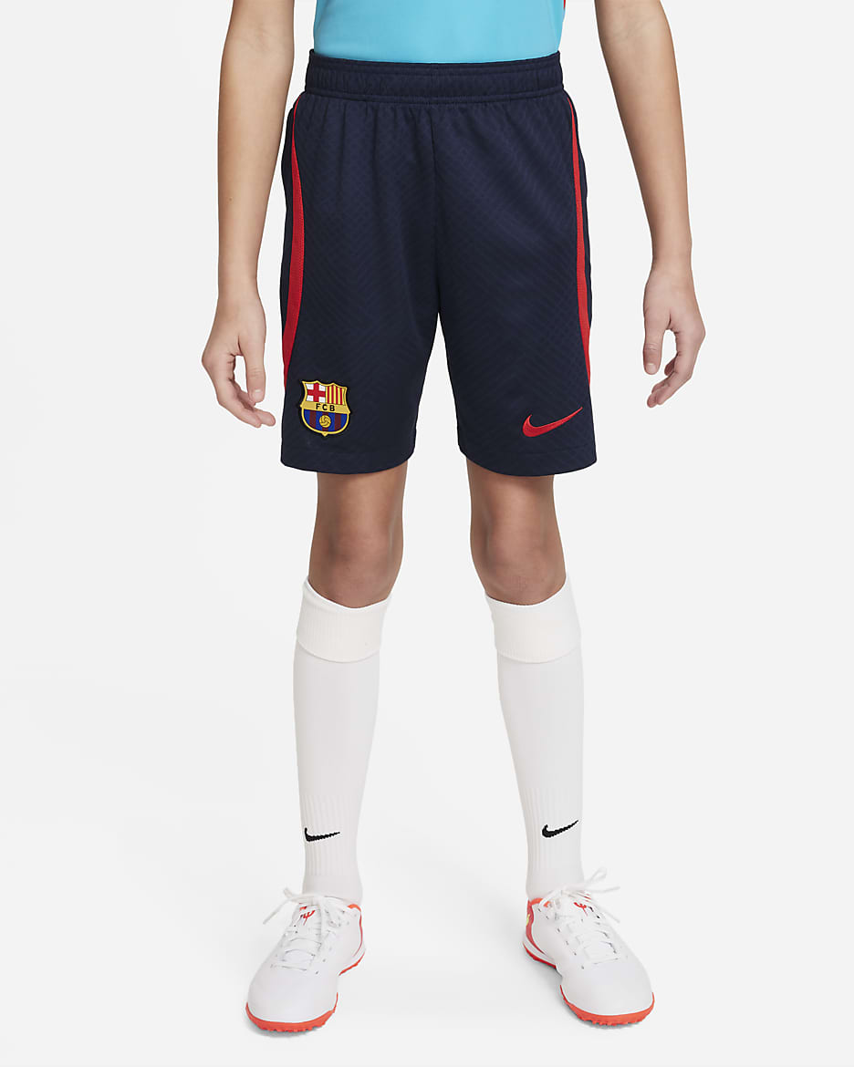 Shorts de fútbol Nike Dri-FIT para niños talla grande FC Barcelona Strike - Obsidiana/Rojo universitario/Rojo universitario