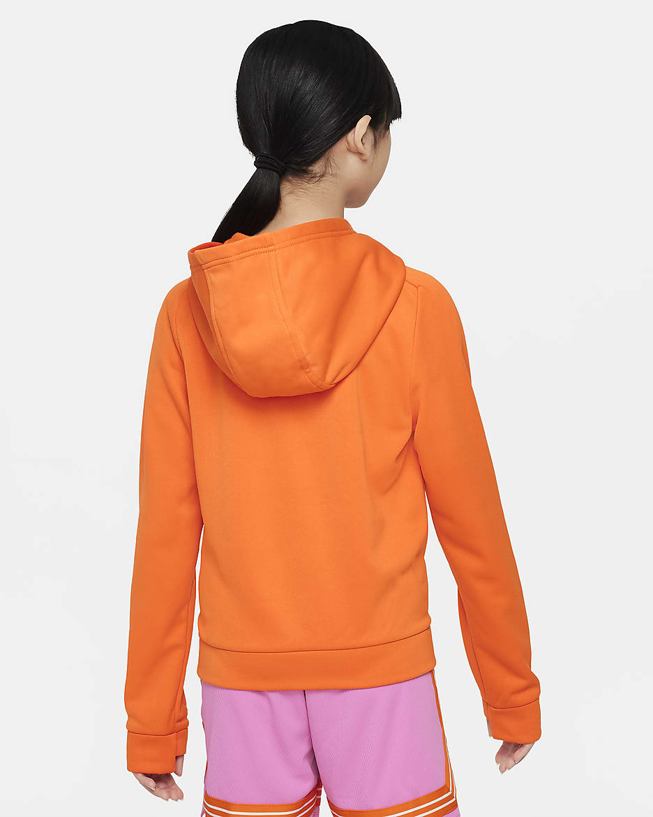 Sudadera con gorro de básquetbol Therma-FIT para niñas talla grande Nike - Naranja seguridad/Blanco