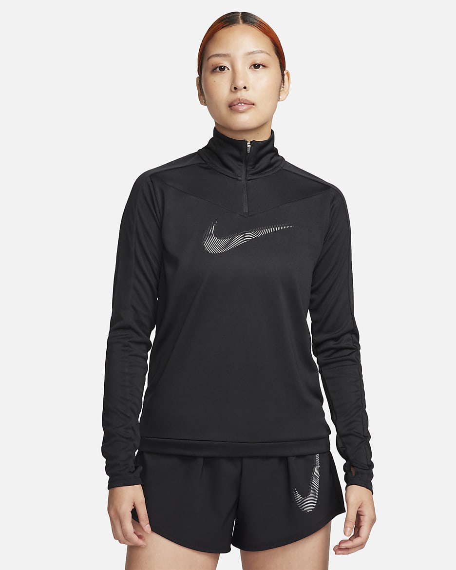 ナイキ Dri-FIT スウッシュ ウィメンズ 1/4ジップ ランニングトップ - ブラック/クールグレー
