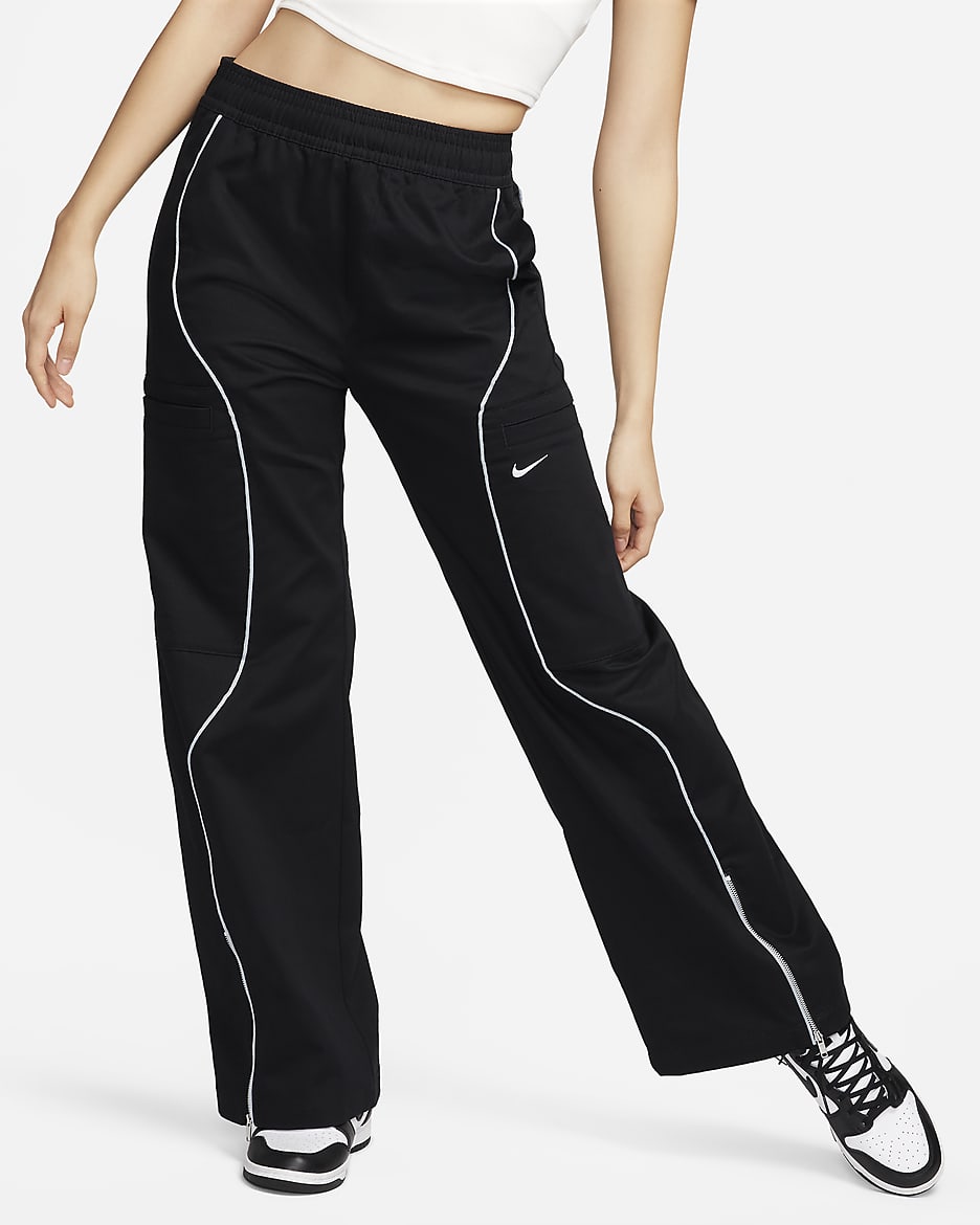 Damskie spodnie z tkaniny z wysokim stanem Nike Sportswear - Czerń/Light Pumice/Biel