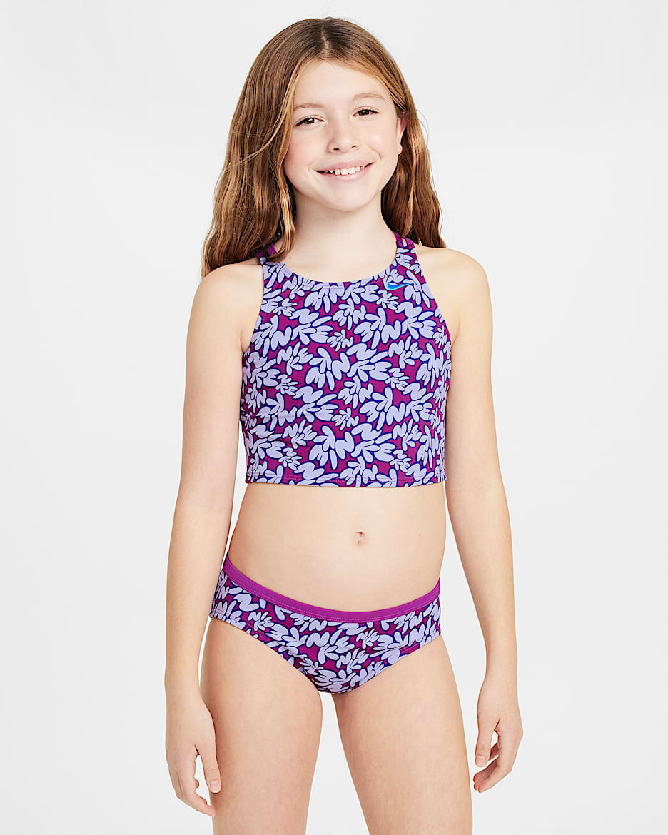 Conjunto de midkini con tirantes cruzados para niña talla grande Nike Swim - Morado vivo/Hortensias/Noche intenso/Azul universitario