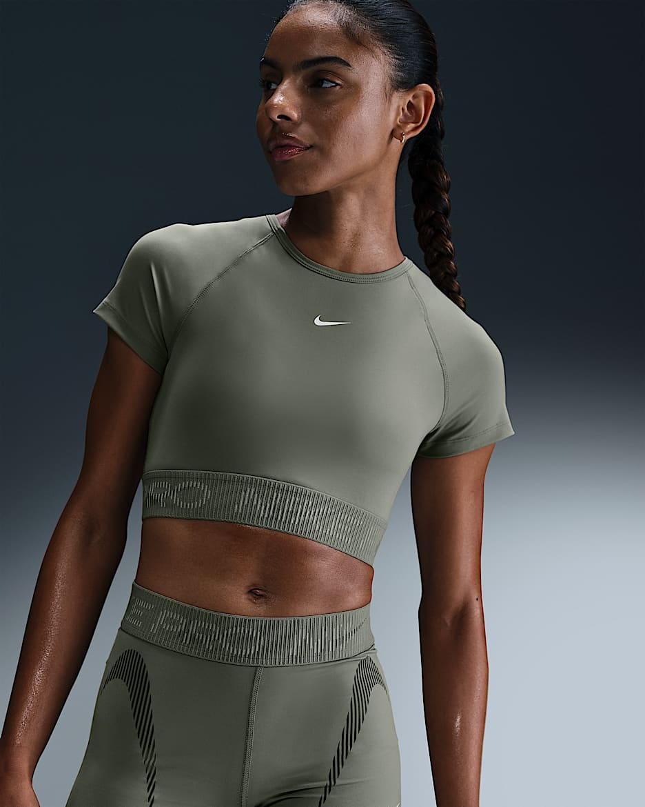Nike Pro Women's Dri-FIT Short-Sleeve Cropped Graphic Top - Light Army/Cargo Khaki/Light Silver/White