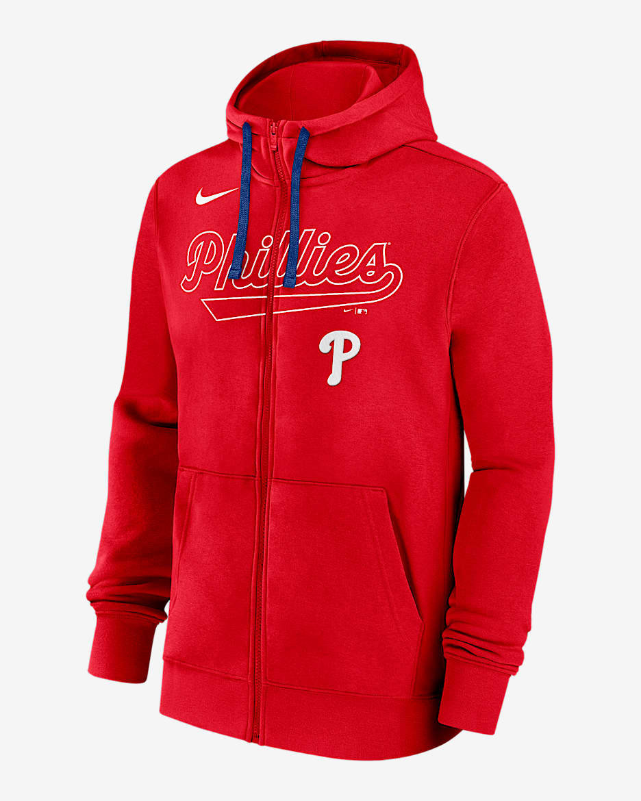 Sudadera con gorro Nike de la MLB de cierre completo para hombre Philadelphia Phillies Knockout Script - Rojo