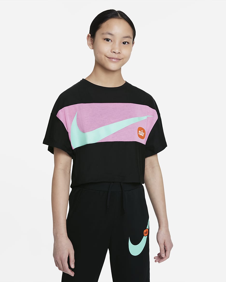 Nike Big Kids' (Girls') Short-Sleeve Training Top - Black/Magic Flamingo/Emerald Rise