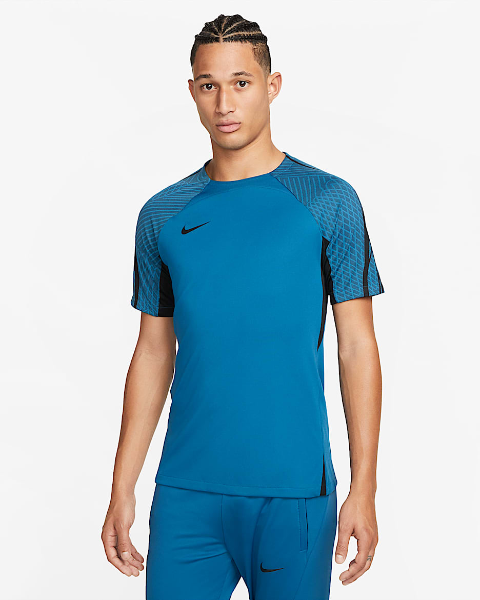 Nike Dri-FIT Strike-fodboldoverdel med korte ærmer til mænd - Industrial Blue/sort/sort