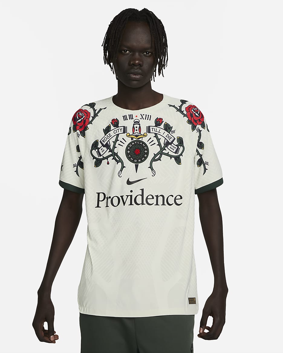 Portland Thorns FC 2023 Match Away Men's Nike Dri-FIT ADV Soccer Jersey - Light Bone/Pro Green/Black
