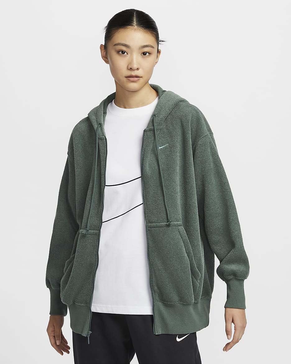 Nike Sportswear Phoenix Plush 女款寬版舒適 Fleece 全長式拉鍊連帽上衣 - Vintage Green/Bicoastal