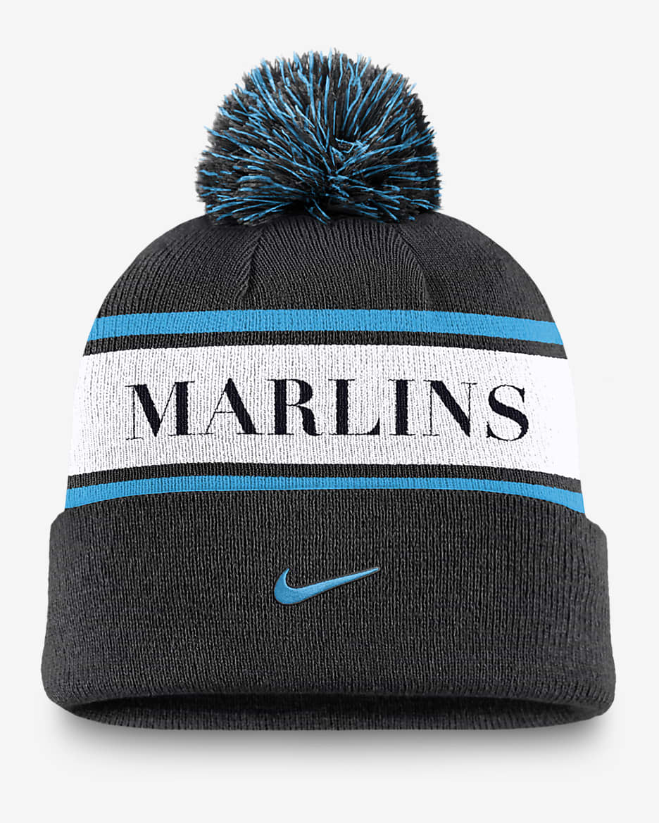 Miami Marlins Team Stripe Peak Men's Nike MLB Cuffed Pom Beanie - Black