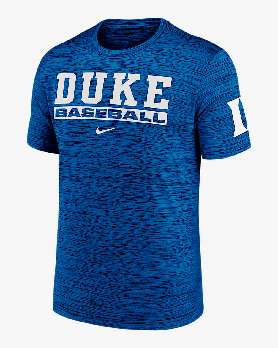 Playera universitaria Nike Dri-FIT para hombre Duke Blue Devils Velocity Baseball Wordmark Stack - Royal