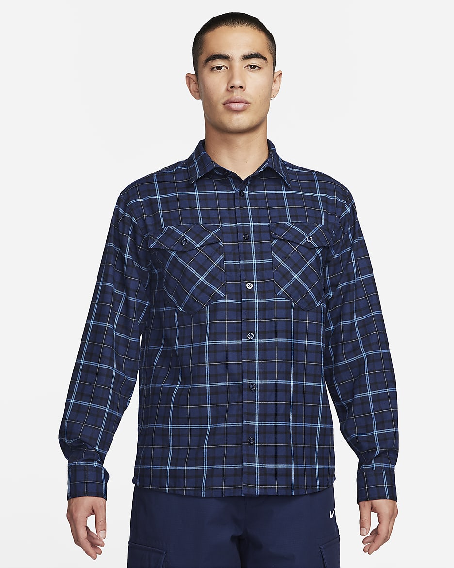 Nike SB Long-Sleeve Flannel Skate Button-Up Shirt - Midnight Navy/Obsidian