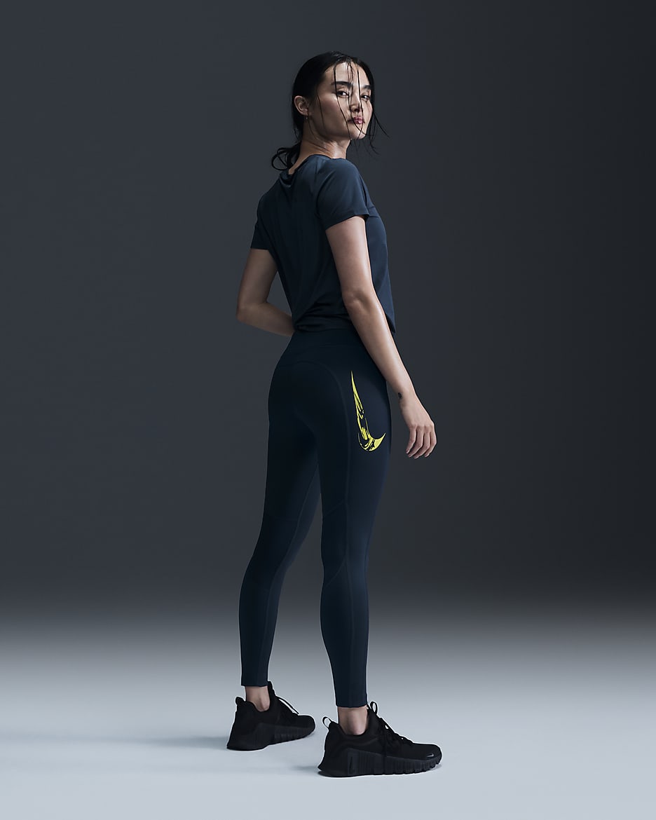 Nike Fast Swoosh Women's Mid-Rise 7/8 Running Leggings with Pockets - Armory Navy/Bright Cactus