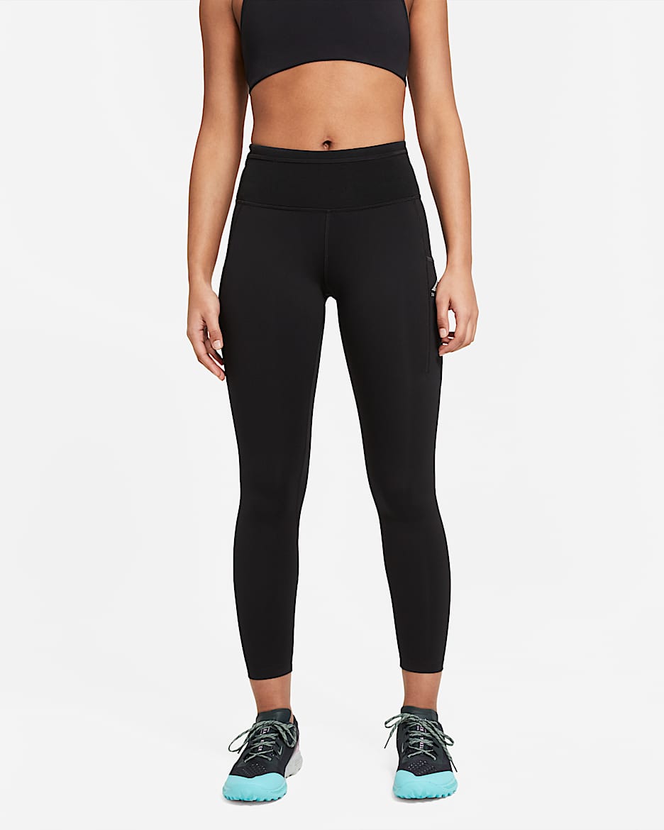 Nike Epic Luxe középmagas derekú, zsebes női futóleggings terepre - Fekete/Dark Smoke Grey