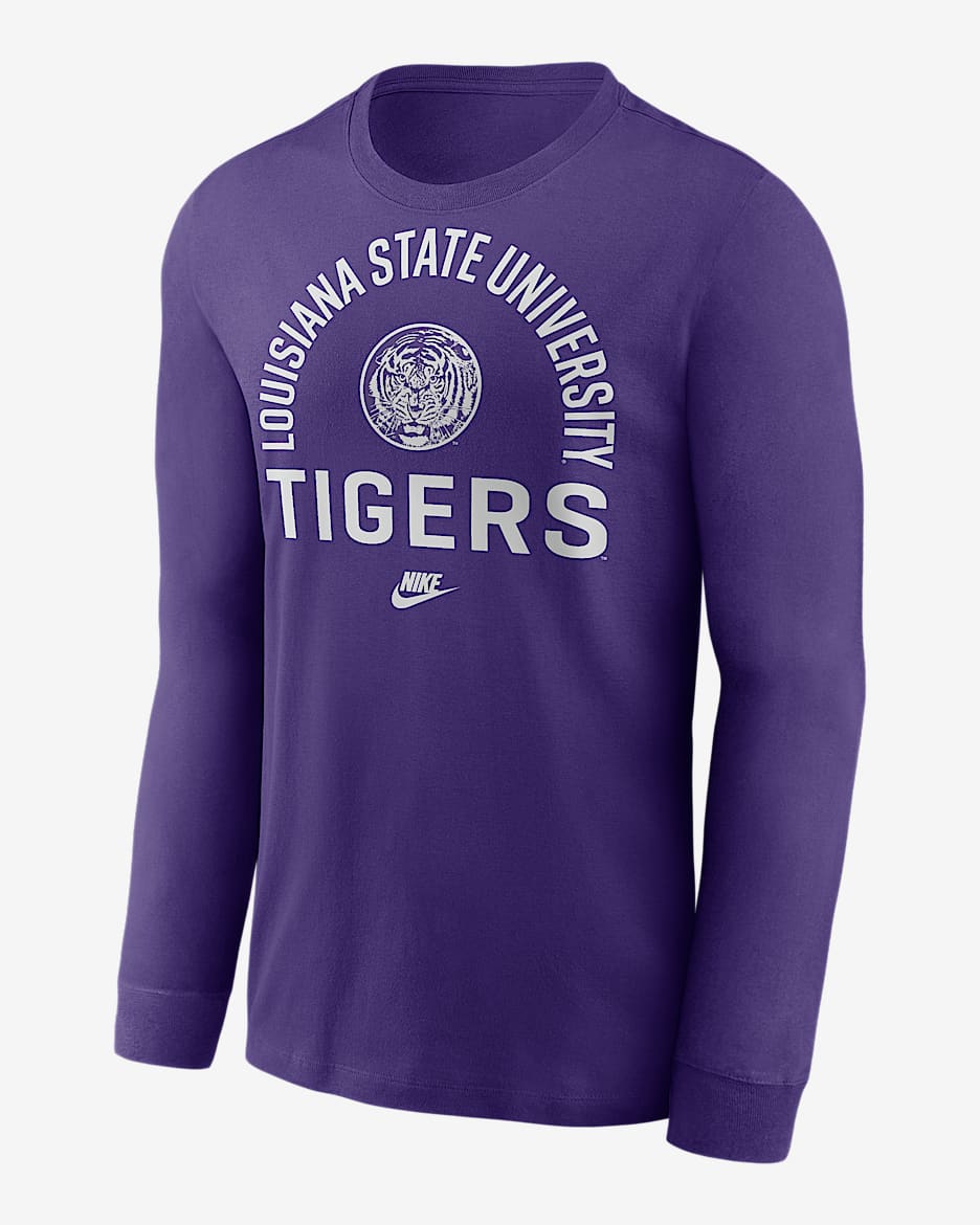 Playera de manga larga universitaria Nike para hombre LSU Legacy Arched Logo - Morado