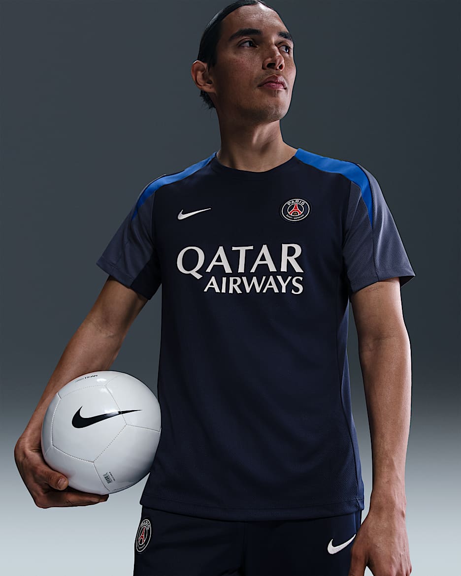 パリ サンジェルマン (PSG) ストライク メンズ ナイキ Dri-FIT サッカー ショートスリーブ トップ - ミッドナイトネイビー/ディフューズブルー/ハイパーロイヤル/ホワイト