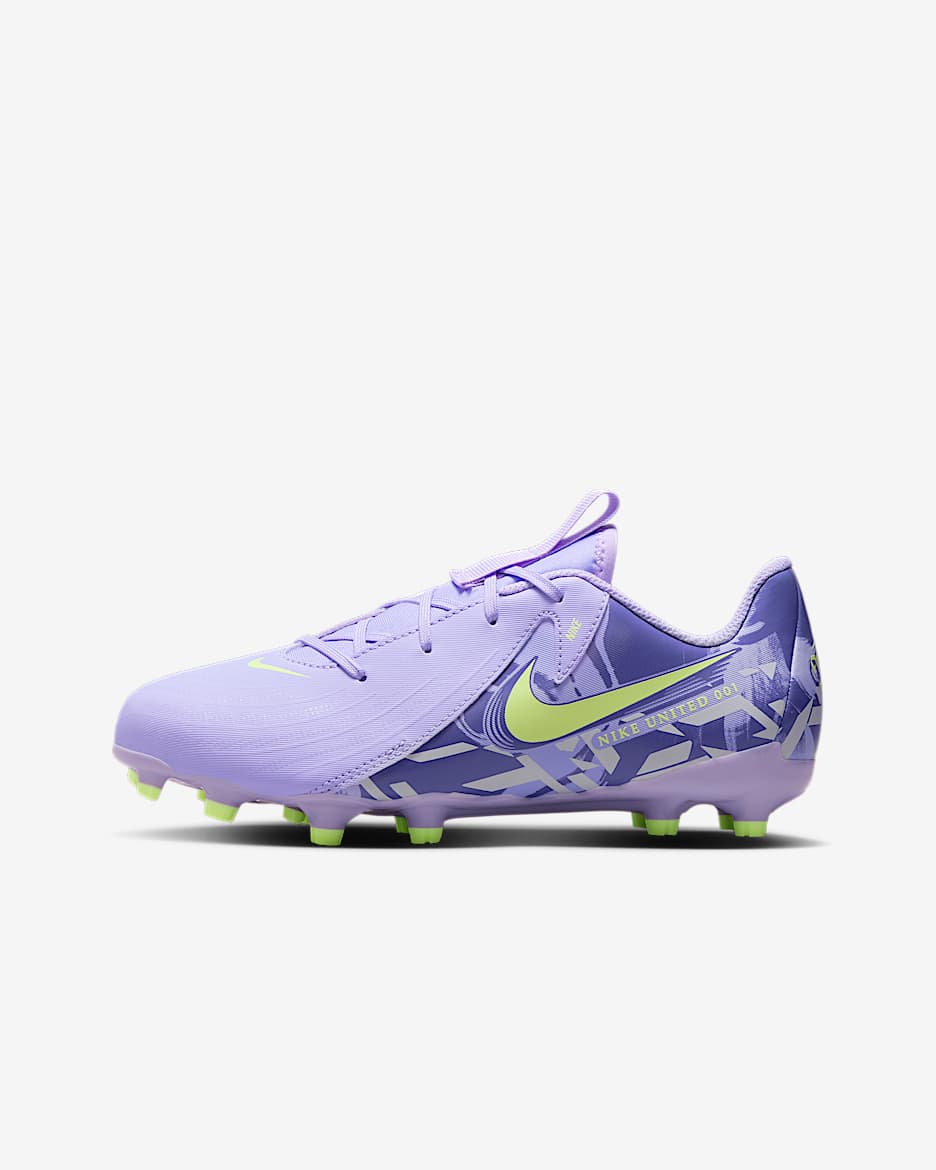 Tacos de fútbol MG low para niños grandes Nike United Jr. Phantom GX 2 Academy - Ágata morado/Voltio ligero