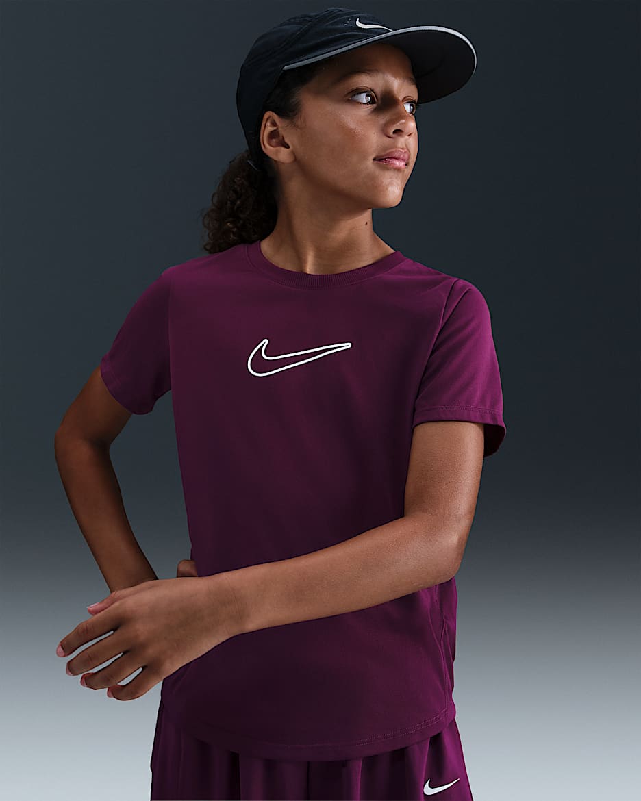 Nike One Fitted Big Kids' (Girls') Dri-FIT Short-Sleeve Top - Bordeaux/White