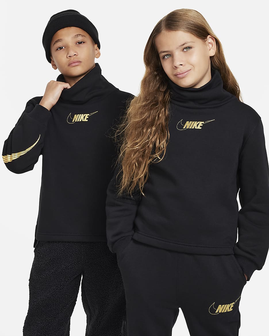 Sudadera de manga larga de cuello de embudo para niñas talla grande Nike Sportswear Club Fleece - Negro/Oro metalizado