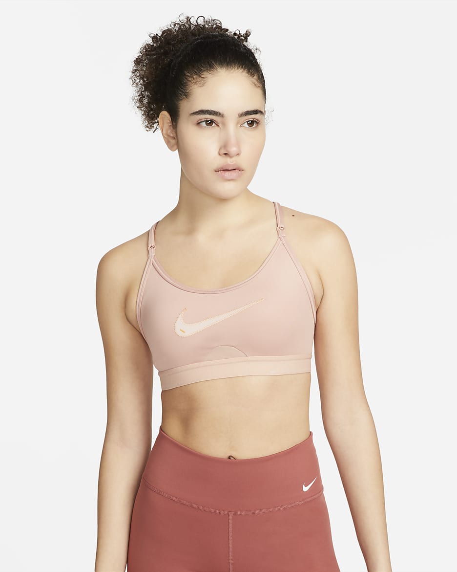 Nike Indy Women's Light-Support Padded Graphic Sports Bra - Rose Whisper/Light Curry/Pink Oxford/Pink Oxford