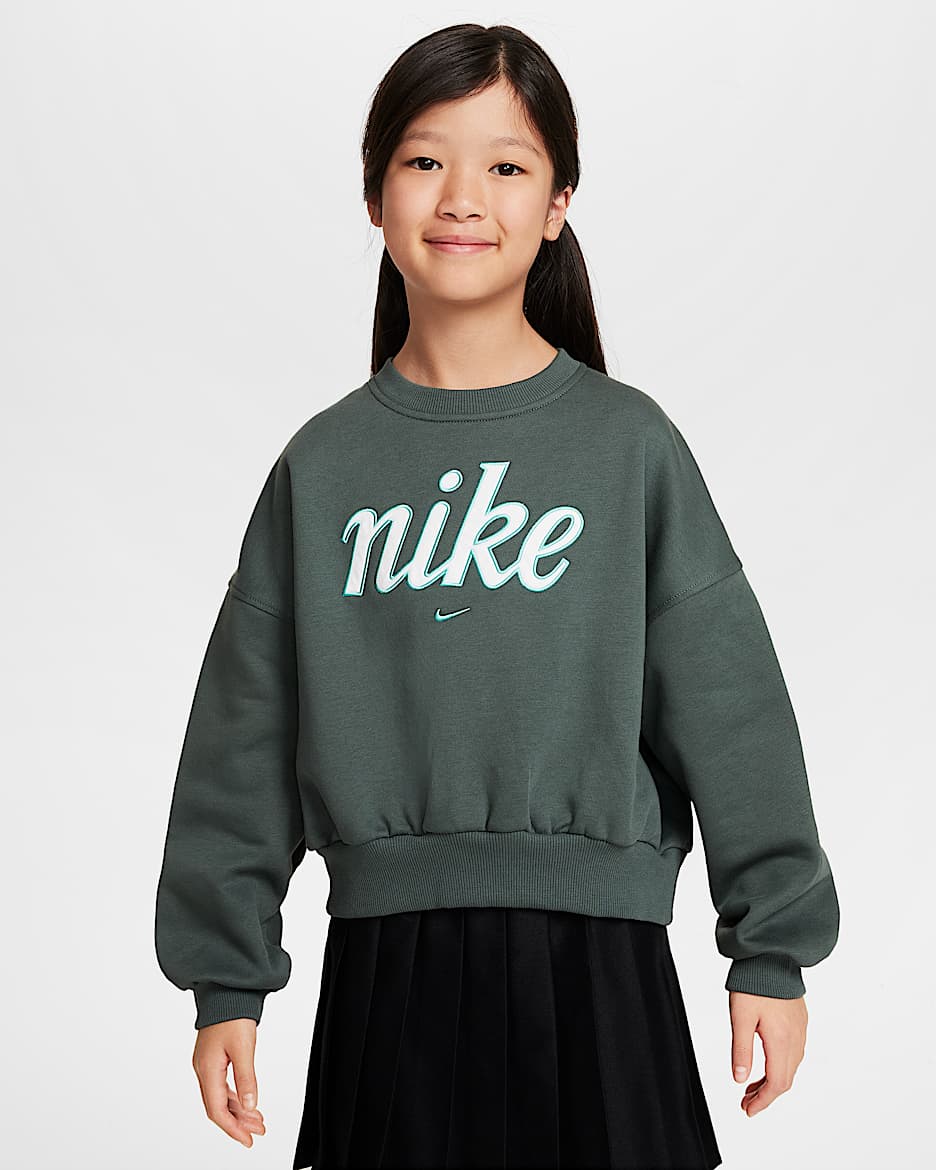 Sudadera de cuello redondo Dri-FIT de corte cuadrado para niña Nike Sportswear Club Fleece - Verde vintage/Escarcha verde