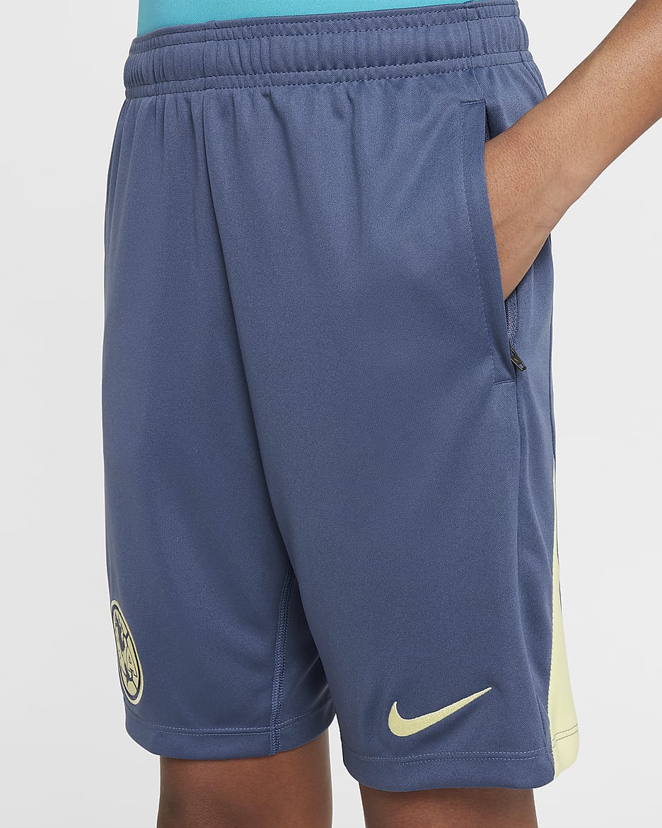 Shorts de fútbol de tejido Knit Nike Dri-FIT para niños talla grande Club América Academy Pro - Azul difuso/Chifón limón/Chifón limón