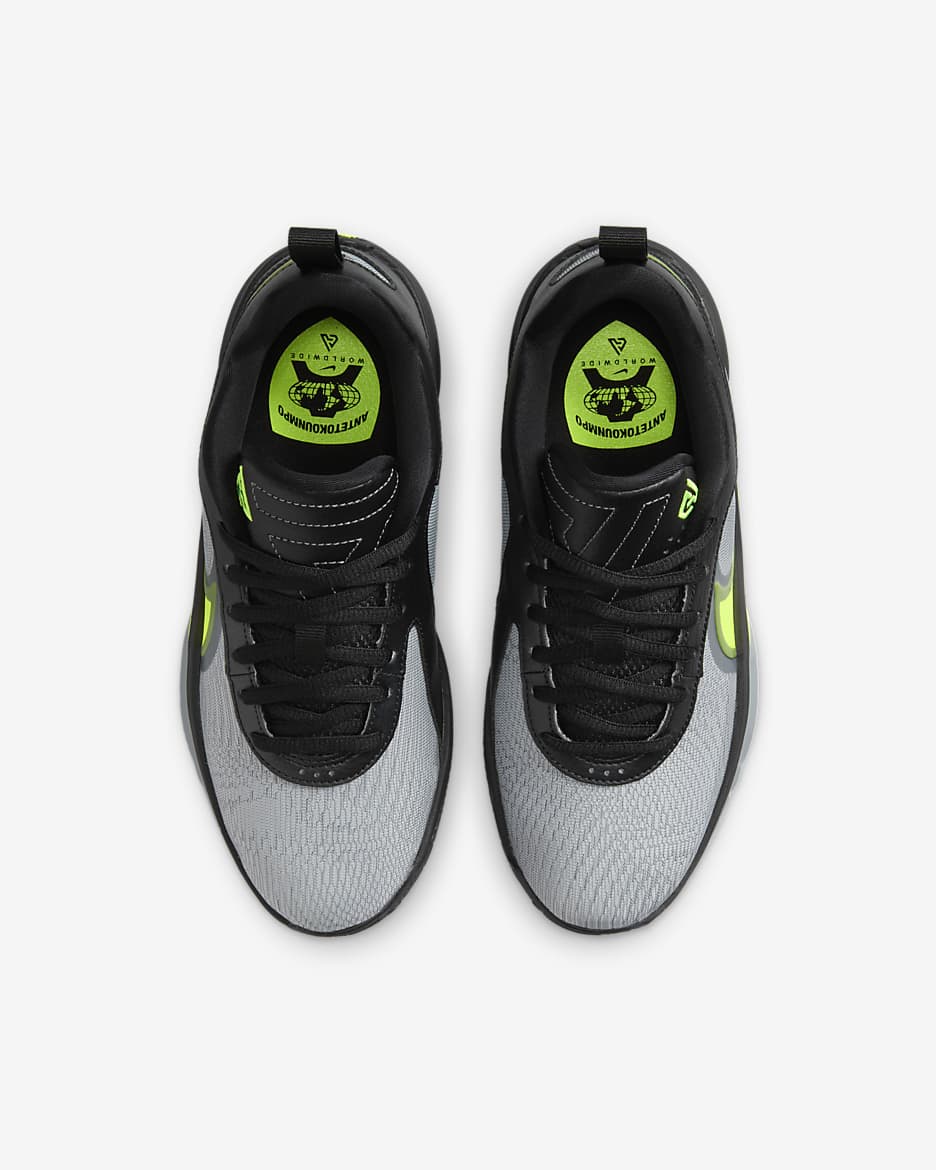 Tenis de básquetbol para niños grandes Giannis Freak 6 - Negro/Volt/Volt/Gris azulado