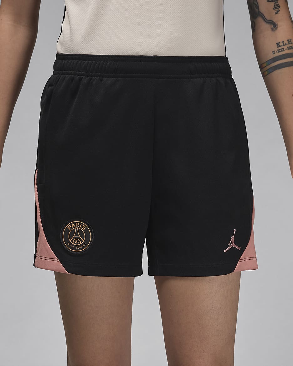 Damskie dzianinowe spodenki piłkarskie Jordan Dri-FIT Paris Saint-Germain Strike (wersja trzecia) - Czerń/Rust Pink/Rust Pink