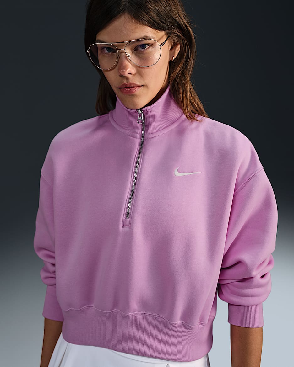 Sudadera cropped de cierre de 1/4 para mujer Nike Sportswear Phoenix Fleece - Rosa extremo/Vela