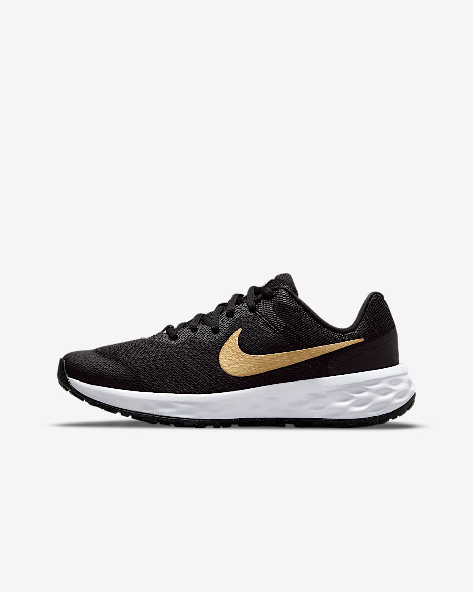 Nike Revolution 6 Big Kids' Road Running Shoes - Black/White/Metallic Gold