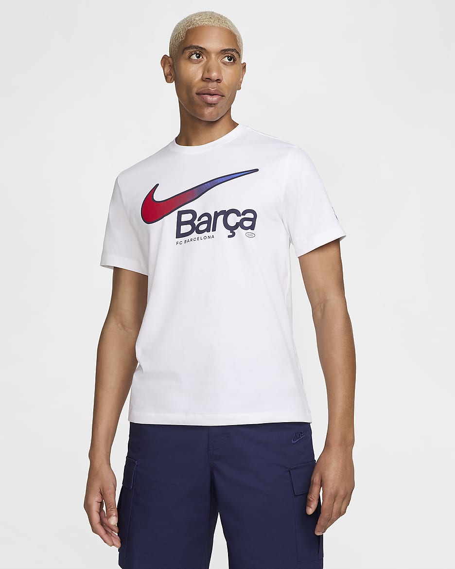 Playera de fútbol Nike para hombre FC Barcelona Swoosh - Blanco