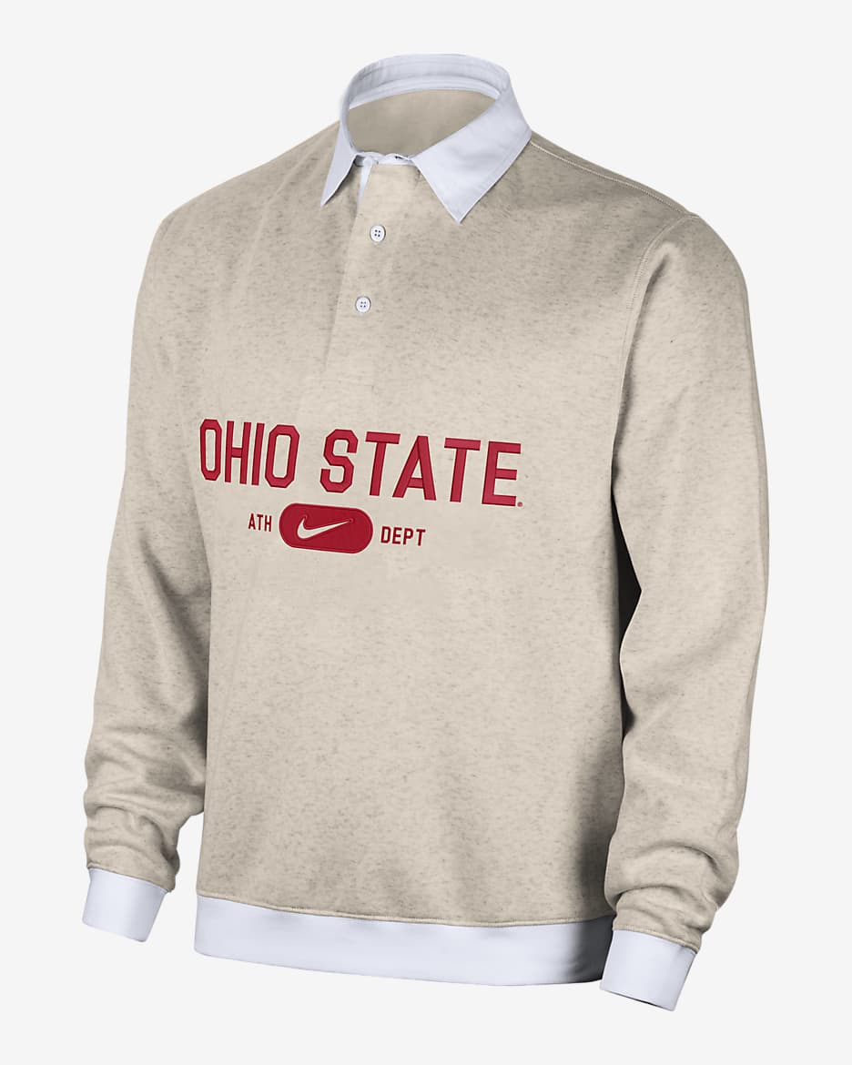 Ohio State Club Fleece Men's Nike College Long-Sleeve Polo - Birch/Heather/White/University Red