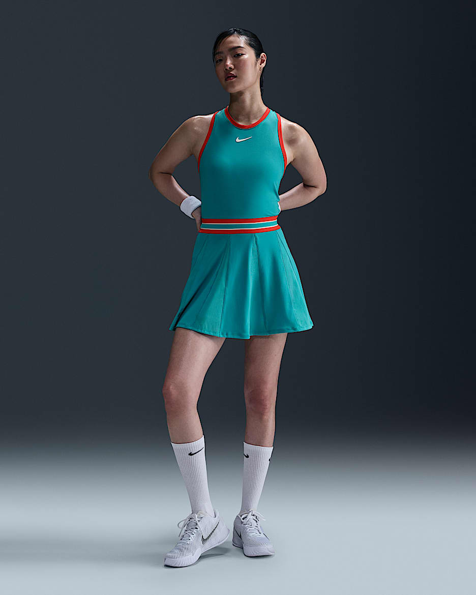 Damska sukienka do tenisa Dri-FIT NikeCourt Slam - Dusty Cactus/Light Crimson/Dusty Cactus/Biel