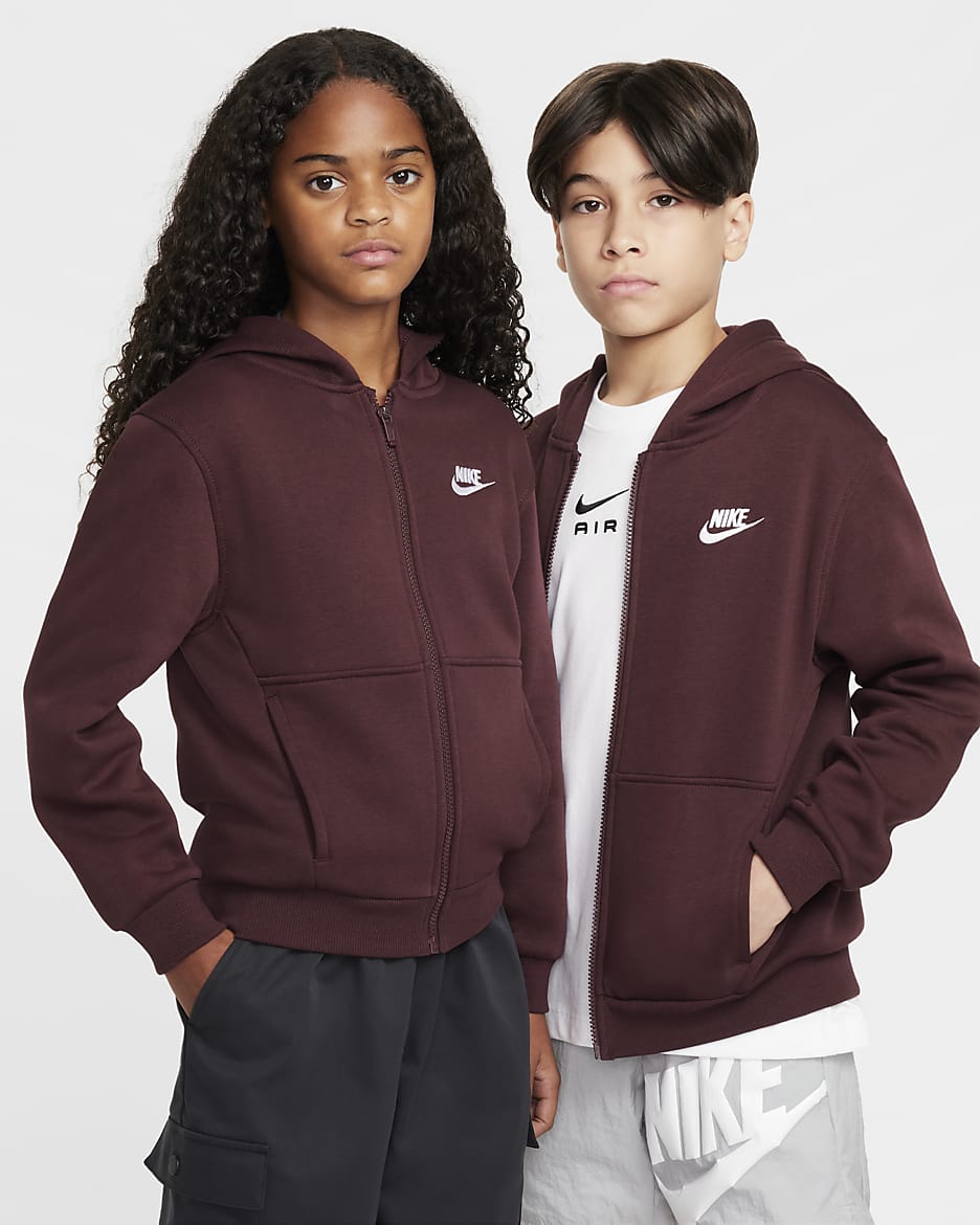 Nike Sportswear Club Fleece Older Kids' Full-Zip Hoodie - Burgundy Crush/White