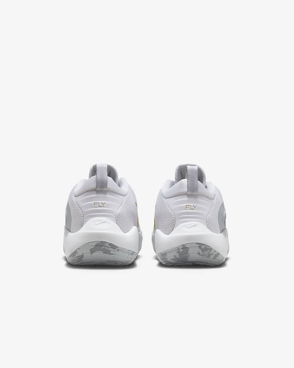 Tenis de básquetbol para niños grandes Nike IsoFly - Blanco/Gris azulado/Gris lobo/Estrella de oro metálico