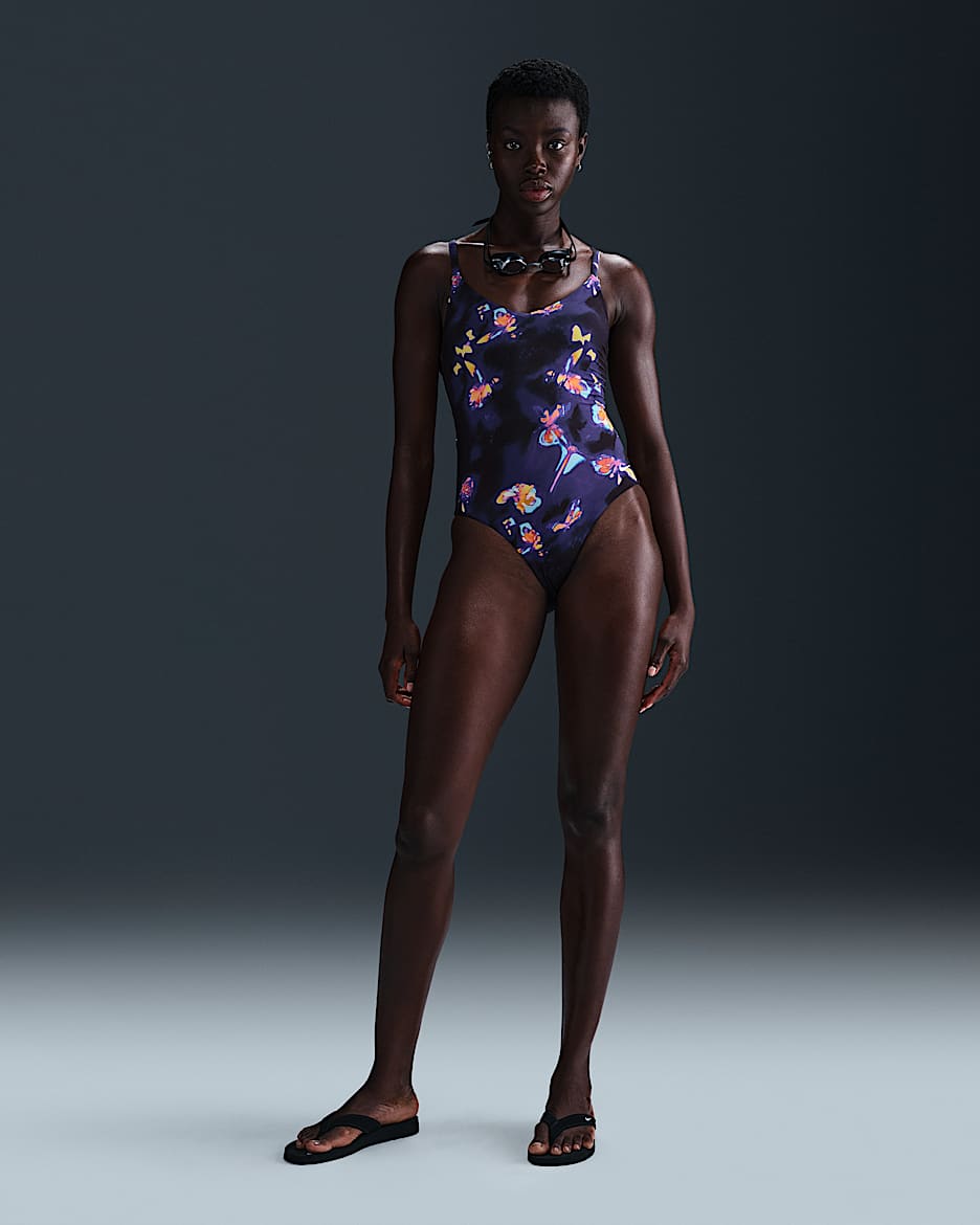 Nike Swim badpak met V-hals - Zwart/Court Purple/Wit