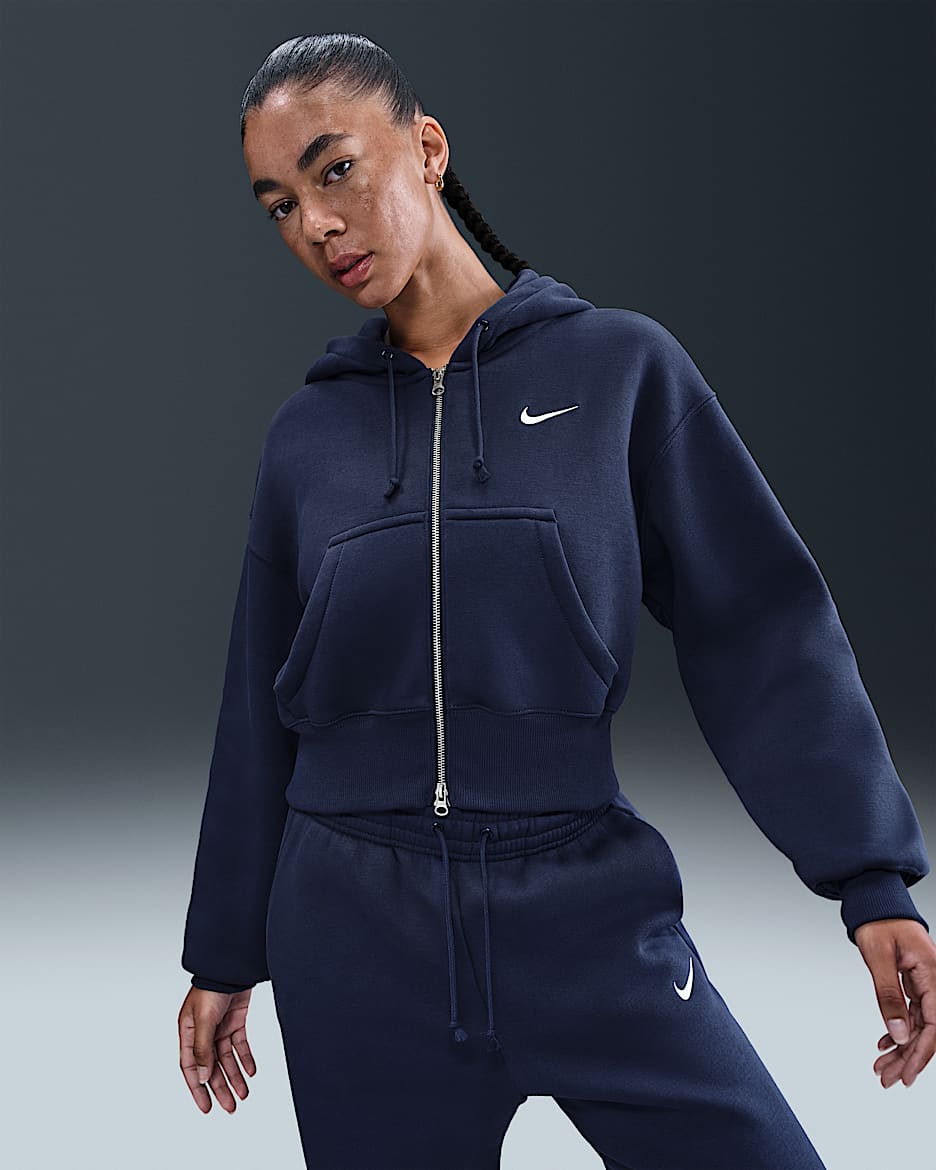 Sudadera con gorro holgada cropped con cierre completo para mujer Nike Sportswear Phoenix Fleece - Azul marino medianoche/Vela