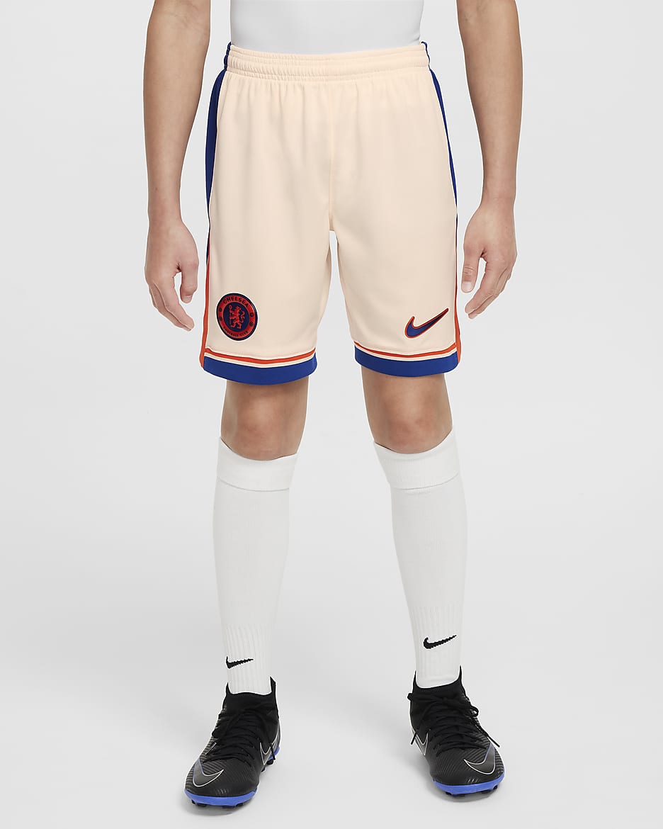 Chelsea F.C. 2024/25 Stadium Away Older Kids' Nike Dri-FIT Football Replica Shorts - Guava Ice/Team Orange/Rush Blue