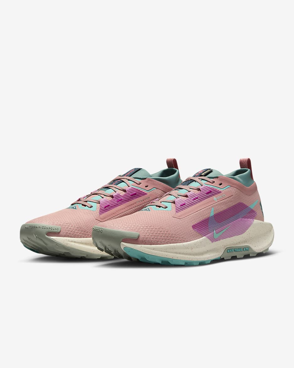 Vandtætte Nike Pegasus Trail 5 GORE-TEX-trailløbesko til mænd - Red Stardust/Bicoastal/Vivid Grape/Green Frost