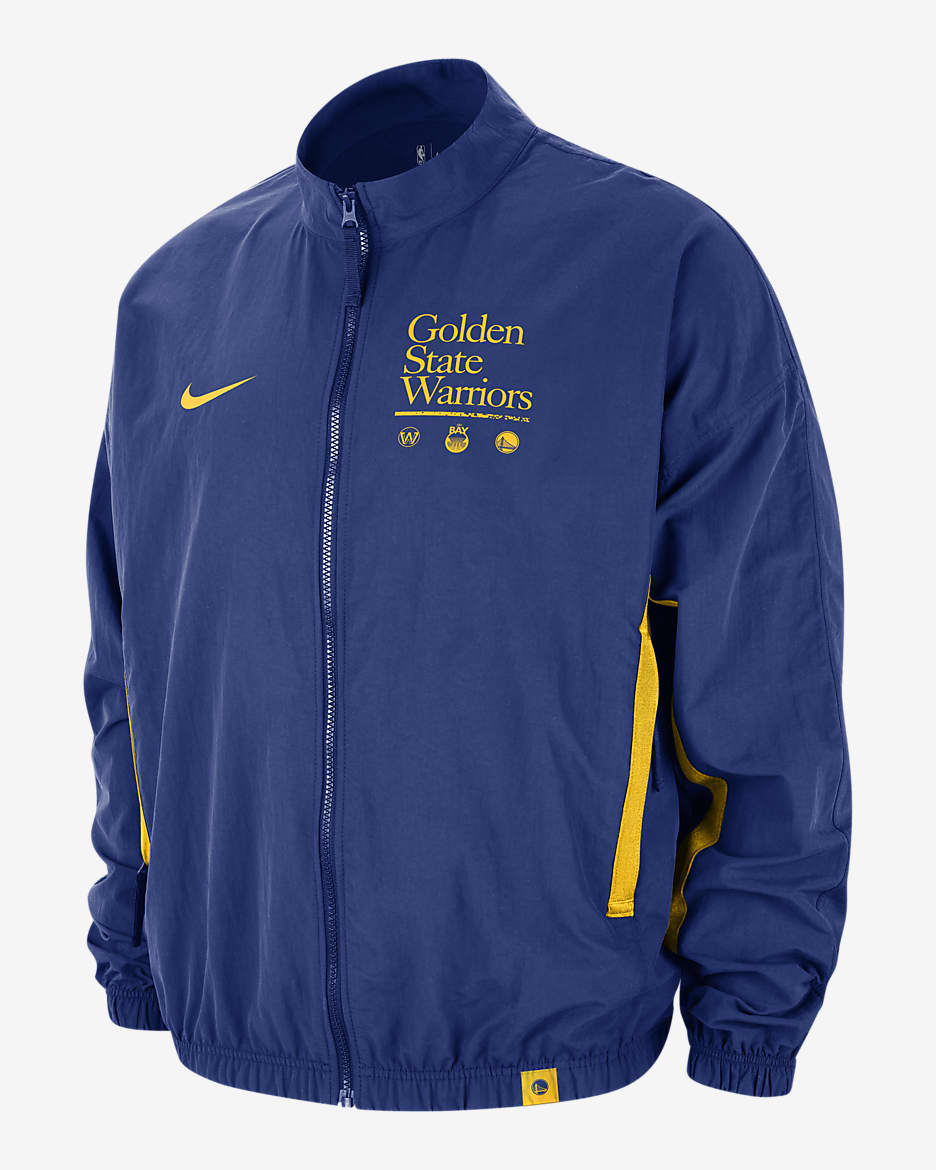 Golden State Warriors DNA Courtside Men's Nike NBA Woven Graphic Jacket - Rush Blue/Amarillo/Amarillo
