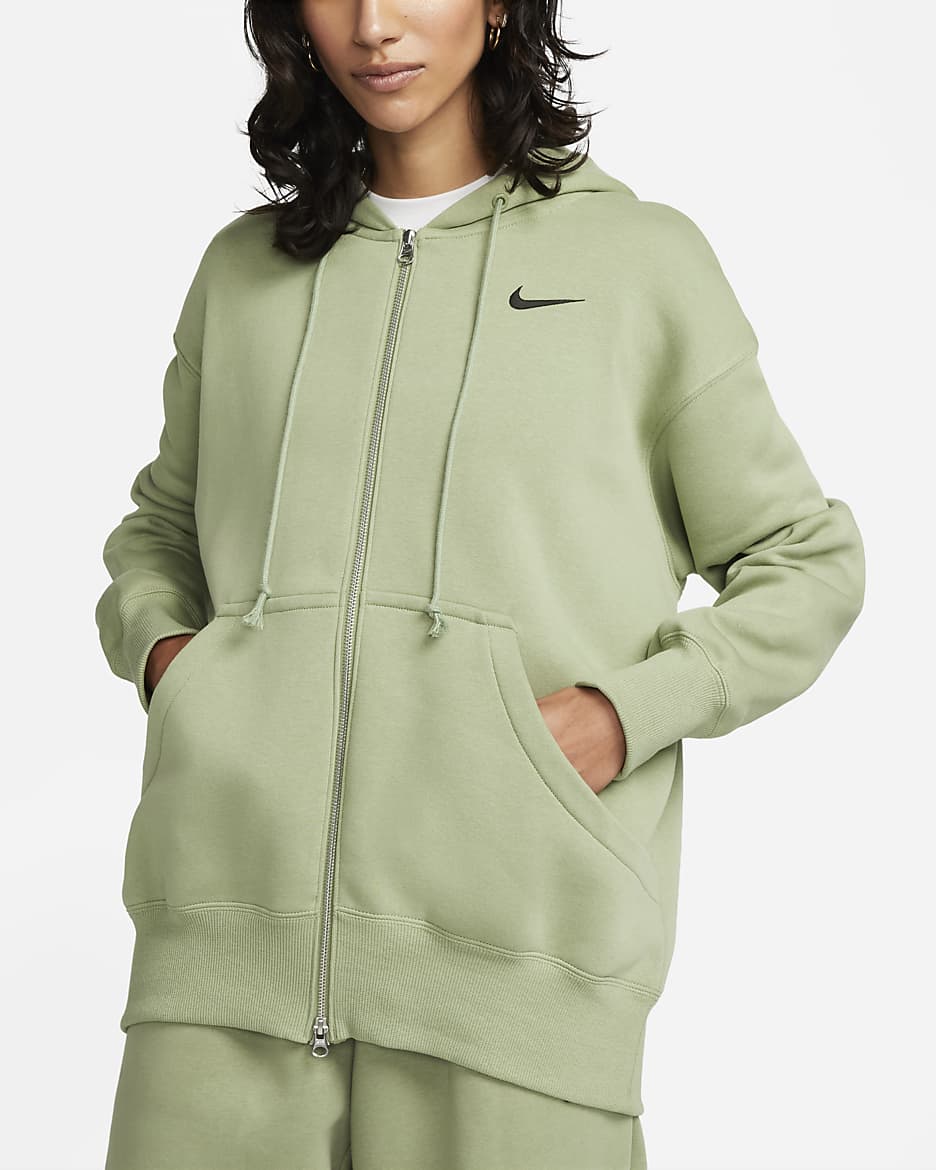 Sudadera con gorro con cierre completo de tejido Fleece oversized para mujer Nike Sportswear Phoenix - Verde aceite/Negro