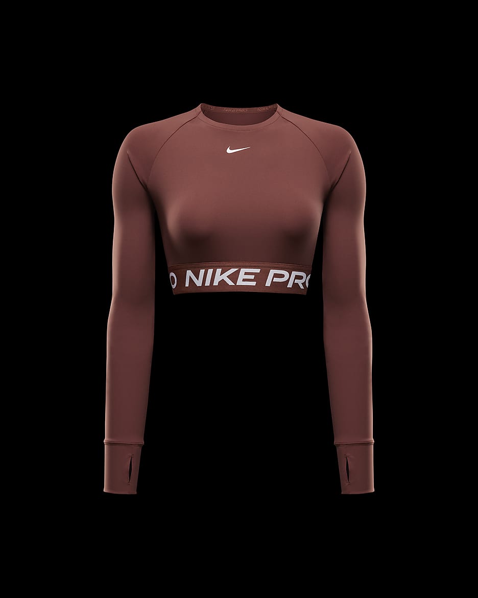 Damska koszulka o skróconym kroju z długim rękawem Dri-FIT Nike Pro - Red Sepia/Biel