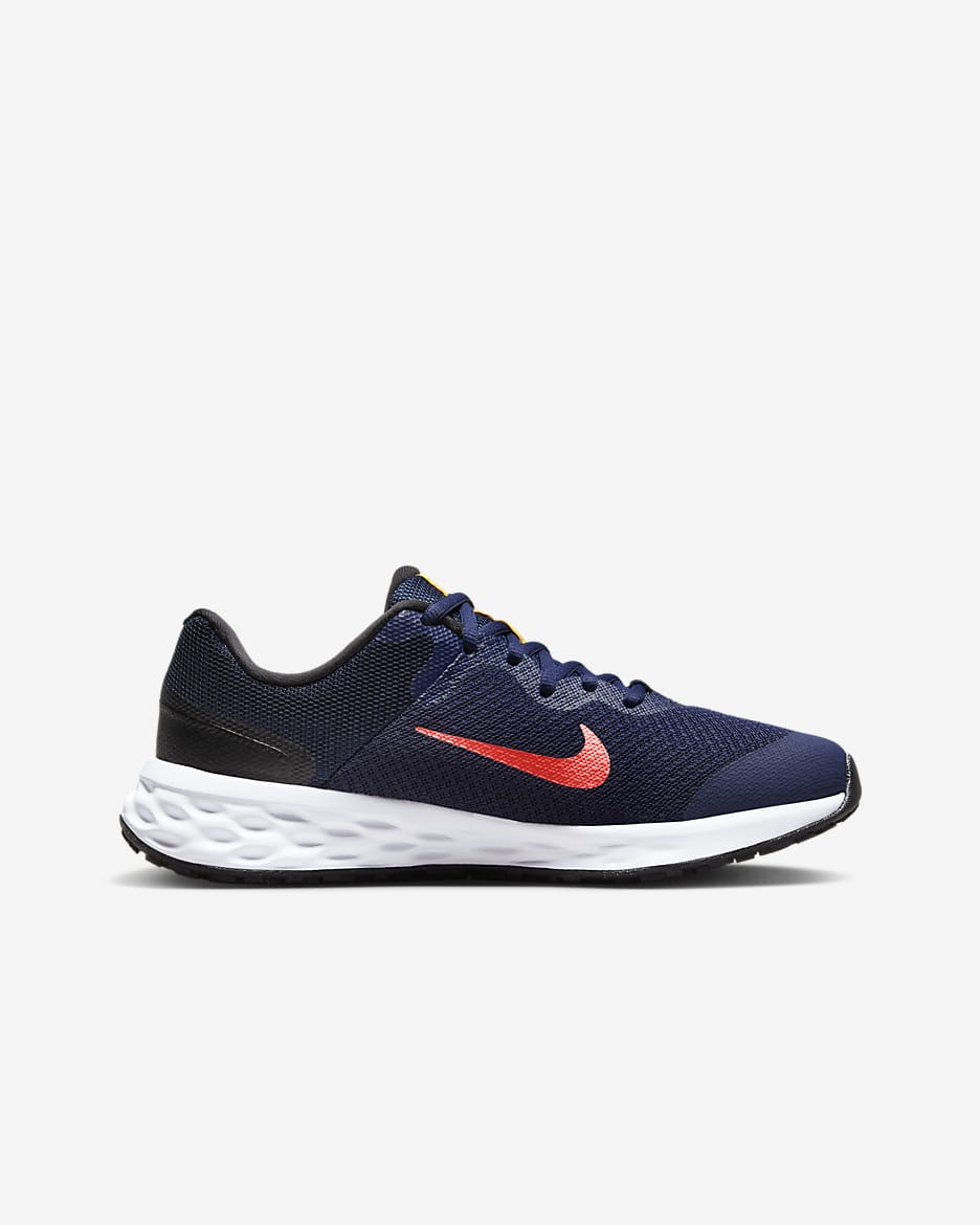 Nike Revolution 6 Big Kids' Road Running Shoes - Midnight Navy/Black/Yellow Ochre/Bright Crimson