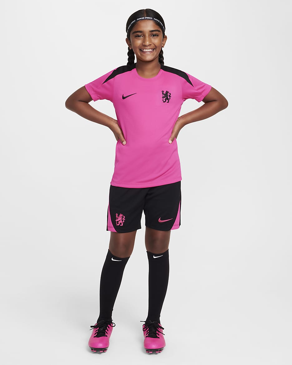 Chelsea F.C. Strike (tredjedrakt) Nike Dri-FIT kortermet strikket fotballtrøye til store barn - Pink Prime/Pink Prime/Svart/Svart